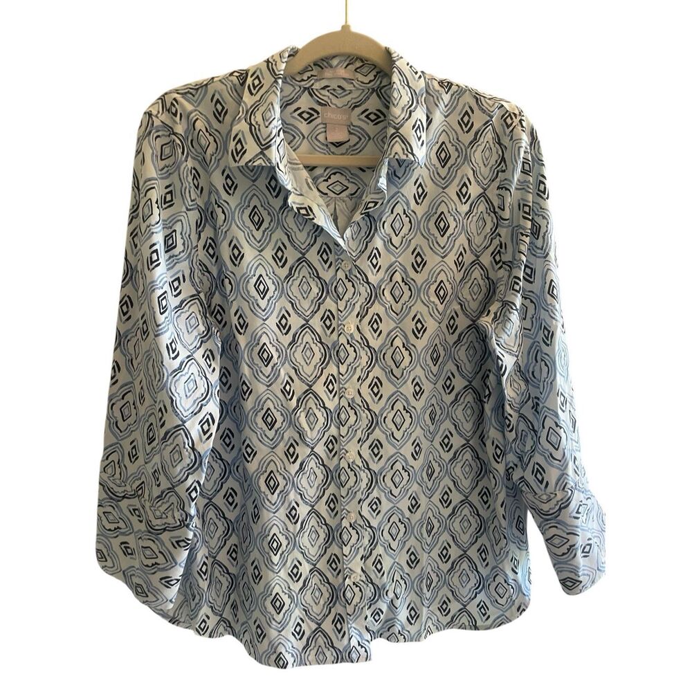Chico’s Blue Collared No Iron Chic Stretch Blouse Top Women’s Size 2, 12 Large